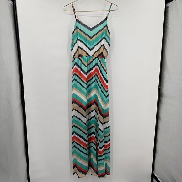 Umgee Women's Chevron Multicolor Elastic Waist Spaghetti Strap Maxi Dress Size M - Picture 1 of 6